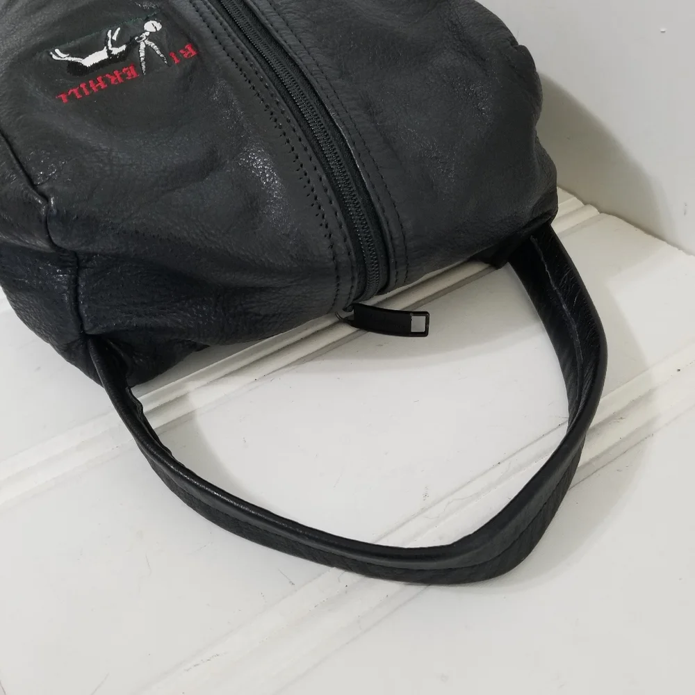 Riverhill Black Leather Pouch Bag Faux Fur Lined Single Handle Logo Zip
